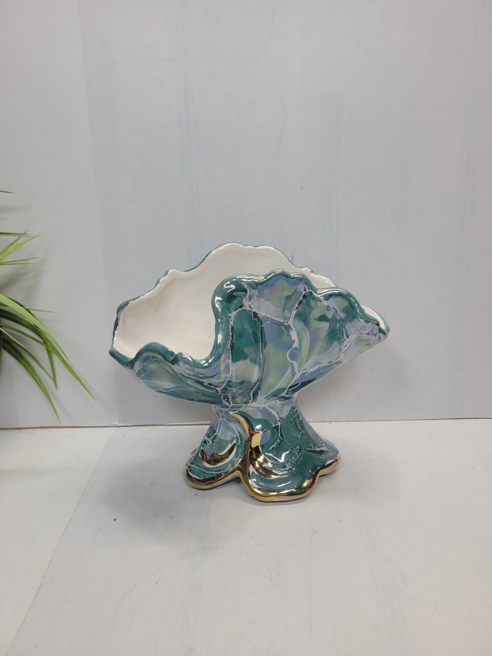 Vintage Italian Pottery Green Gold Planter Vase Ruffled Shell Mid Century Italy